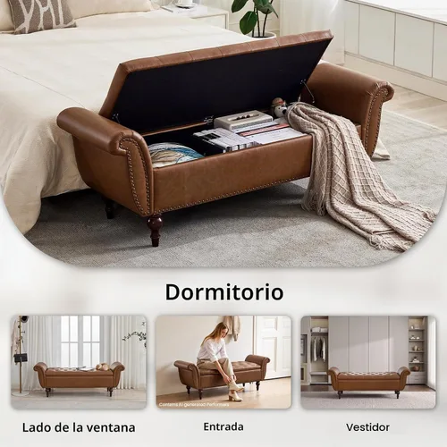 Vista 6 de Banco de almacenamiento de 63.8 pulgadas para dormitorio, de piel sintética Marrón