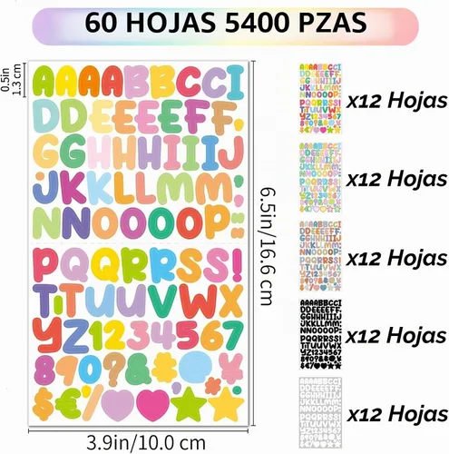 Vista 2 de 60 hojas de calcomanías de letras, 5400 calcomanías del alfabeto de 0.5 pulgadas, autoadhesivas, varios colores, para números de buzón