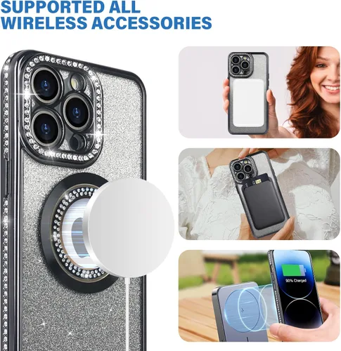 Vista 2 de Losin Funda magnética compatible con iPhone 15 Pro Max con purpurina compatible con MagSafe Funda de lujo con diamantes de imitación con logotipo