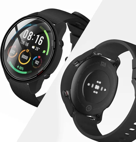 Vista 6 de Paquete de 2 fundas con protector de pantalla de vidrio templado compatible con Xiaomi Mi Watch, dureza 9H 360°, carcasa de PC completa negra +
