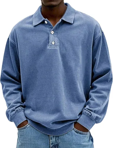 Vista 12 de Camisa Polo de Manga Larga para Hombre Camisa con Botón Desgastado Básica Color Sólido Camisa Polo Clásica Holgada Casual Camisas con Cuello Camiseta