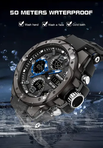 Vista 4 de Relojes deportivos para hombre, impermeables, con fecha, analógico, pantalla doble, multifunción, táctica, LED, alarma, cronómetro
