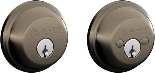 Vista 12 de Schlage Single Cylinder Front Door Deadbolt, Aged Bronze Cerrojo de un solo cilindro con llave exterior y giro en el interior, ajuste universal
