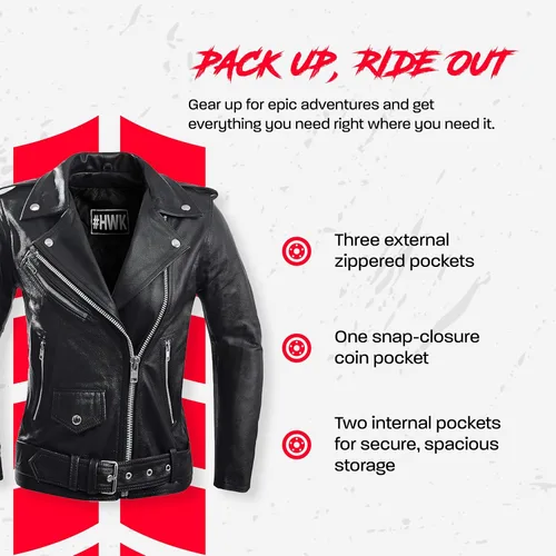 Vista 6 de HWK Brando - Chaqueta de cuero para motocicleta, para mujer, chaqueta de cuero genuino para montar en moto resistente al clima y al agua