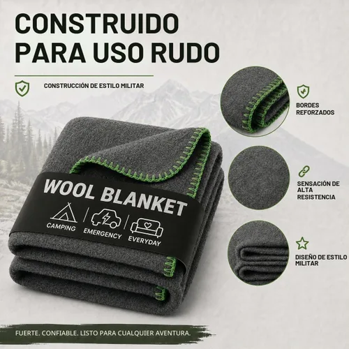 Vista 3 de Manta de Lana para Acampada – 70% Lana Resistente de Servicio Pesado Estilo Militar, Cálida y Lavable, Manta Ignífuga para Emergencias Gris