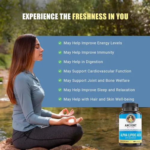 Vista 4 de Ancient Bliss Suplemento de ácido alfa lipoico, antioxidante y apoyo energético, suplemento ALA con bioperina, sin gluten y soja, 600 mg por