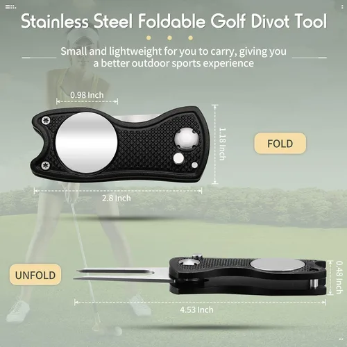 Vista 2 de Skylety 4 piezas herramienta de reparación de divot de golf plegable de metal con botón emergente magnético, marcador de bolas de acero inoxidable