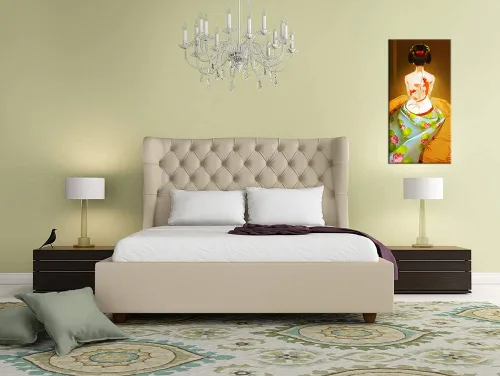 Vista 5 de ZOMNAI Arte de pared de mujer japonesa, pintura de estilo asiático, fondo amarillo, decoración de pared, tatuaje de peces en la parte posterior