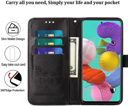 Vista 8 de para Samsung Galaxy A51 Case Wallet Flip Cover (Negro) Butterfly Floral Embossed Pattern, Wrist Strap, PU Leather, Card Holder Slots, Cash Pocket