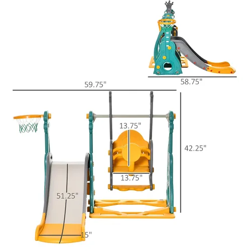 Vista 7 de Qaba Juego de columpio y tobogán 4 en 1 para niños de 1.5 a 3 años con escalador, ultra seguridad, aro de baloncesto, juego de parque infantil