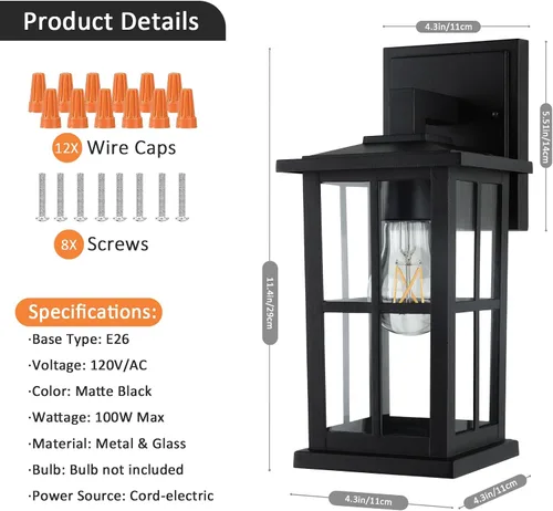 Vista 7 de BesLowe Paquete de 2 lámparas de pared para exteriores, luces de porche Negro
