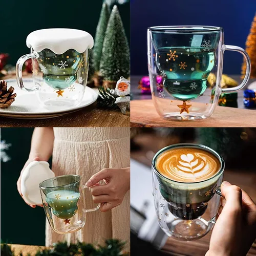 Vista 6 de MUCHENGGIFT Bonita taza de café con diseño de árbol de Navidad, taza de té y leche con aislamiento de doble pared, taza de espresso, el mejor regalo