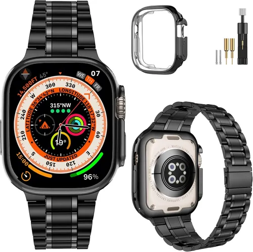 Vista 13 de MioHHR - Correas sólidas de acero inoxidable compatibles con Apple Watch de 38 mm, 40 mm, 41 mm, correa de metal con estuche suave de TPU para Negro