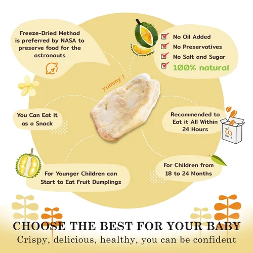 Vista 3 de Wel-B Bocadillos de frutas liofilizadas, Durian fresco liofilizado a una textura crujiente mientras conserva el sabor natural y la nutrición