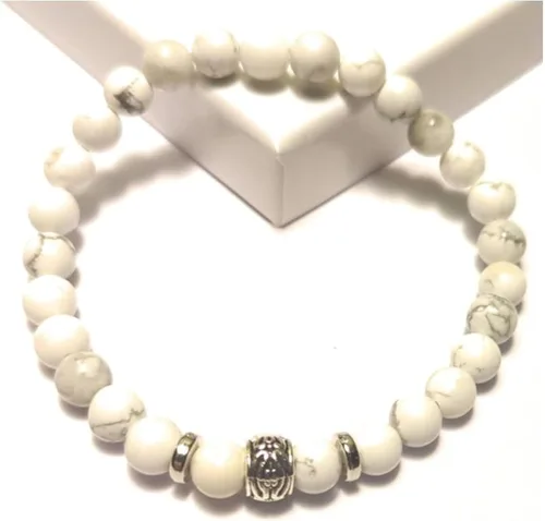 Vista 2 de White Howlite Stretch Bead Bracelet Serenity Charm Gemstone Jewelry Simple Minimalist Unisex One Size Gift