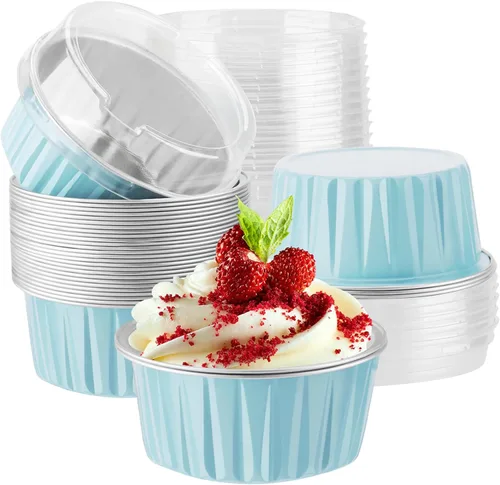 Vista 24 de EUSOAR Tazas de aluminio para hornear, paquete de 30 tazas de 5 onzas para cupcakes con tapas, moldes de pastel de 4.2 fl oz, flanes de postres