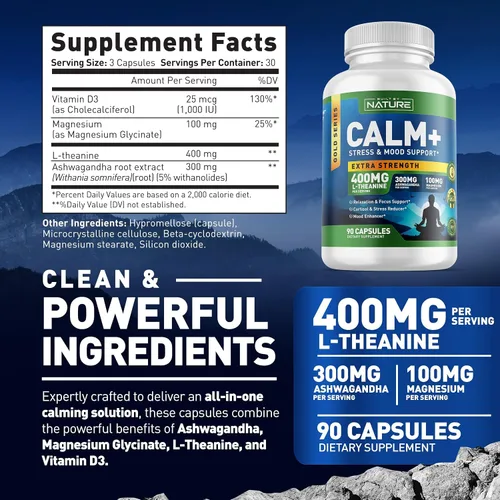 Vista 8 de Built by Nature Calm+ Relajación y Enfoque – Apoyo al estrés, Cortisol y estado de ánimo – Suplemento calmante con L-teanina, Ashwagandha, glicinato