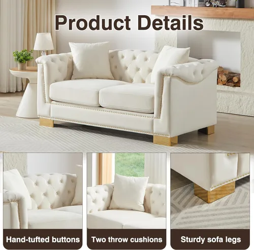 Vista 3 de Harper & Bright Designs Sofá Chesterfield de terciopelo de 62 pulgadas de dos plazas, moderno y clásico con brazo enrollado con botones y decoración