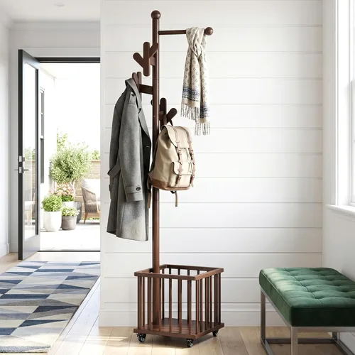 Vista 10 de CozyDH Perchero de madera con cesta de almacenamiento y ruedas, perchero independiente con 8 ganchos, moderno perchero para entrada, dormitorio
