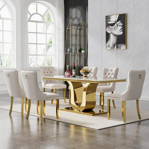 Vista 15 de SSLine Mesa de comedor moderna para mesa de cocina de mármol sintético de 6,70 pulgadas, mesa de comedor rectangular para muebles de cocina