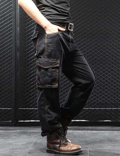 Vista 2 de Yeokou Men's Casual Loose Hip Hop Denim Work Pants Jeans with Cargo Pockets