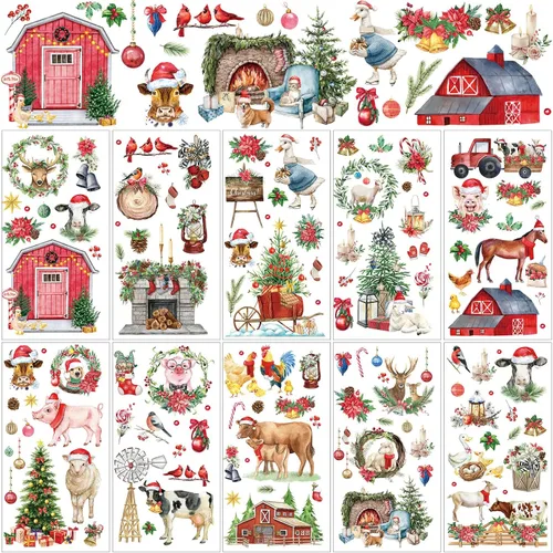 Vista 10 de Lincia - 10 hojas de calcomanías navideñas para manualidades y muebles, calcomanías de transferencia por fricción, muñeco de nieve, gnomo, reno