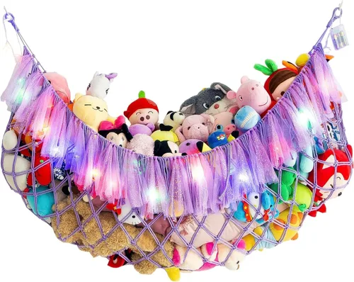 Vista 10 de Hamaca grande de animales de peluche con luz montada en la pared, hamaca Squishmallow de peluches, organizador de juguetes, hamaca de macramé Negro