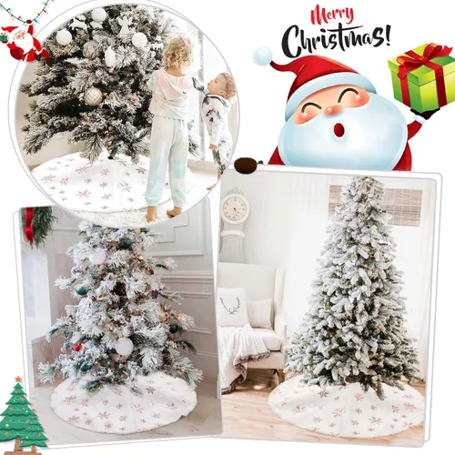 Vista 2 de Falda de árbol de copos de nieve de oro rosa de 24 pulgadas, faldas de árbol de piel sintética blanca, mini faldas de árbol de Navidad, tapete