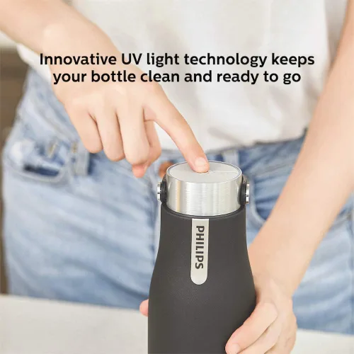 Vista 3 de PHILIPS Water GoZero - Botella de agua inteligente autolimpiante UV al vacío de acero inoxidable aislada con asa de doble pared, limpieza