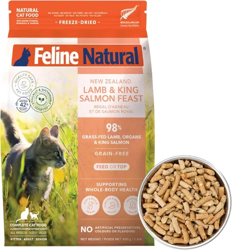 Vista 23 de Alimento para gatos seco de alta proteína Feline Natural, dieta liofilizada con 98% de carne, órganos y mariscos, sin guisantes, granos o aditivos