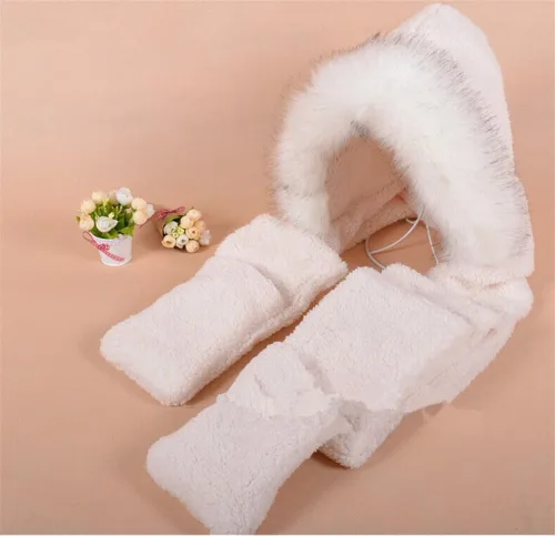 Vista 3 de Winter Warm Women Siamese Sudadera con Capucha Guantes con Bolsillo para las orejas, Bufanda Larga Chal