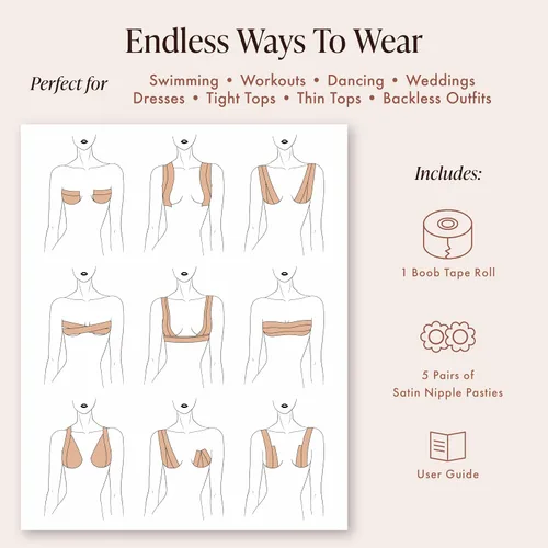 Vista 5 de Bare Babe Boob Tape for Breast Lift, Hypoallergenic Adhesive Tape with 10 Satin Nipple Covers, Strapless Bra, 2 in