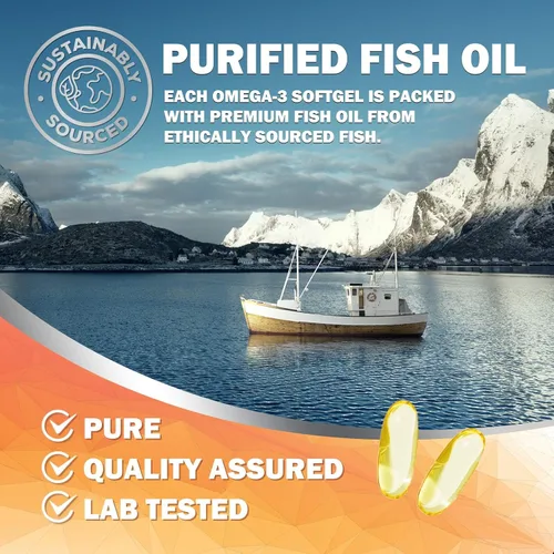Vista 7 de Suplementos de aceite de pescado Omega 3 – 2400 mg de aceite de pescado por porción – Omega-3 de triple fuerza con ácidos grasos EPA y DHA – Apoyo