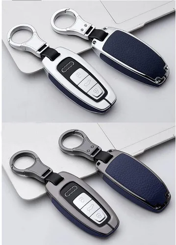 Vista 4 de Funda para llave de coche para Audi 2021 2020 A7 A8 A6 A6L Q8 E-Tron Soporte de cuero de aleación de zinc Protector de soporte de cuero de aleación