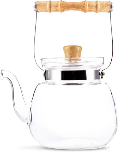 Vista 2 de Yama - Hervidor de agua chino de 40 onzas, tetera de vidrio borosilicato con mango de bambú y rejilla de calefacción de acero inoxidable, vidrio