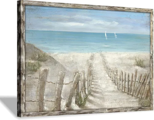 Vista 16 de Hardy Gallery Lienzo impreso con diseño de camino de playa: lienzo con imagen del océano costero, arte de pared tamaño pequeño para baño