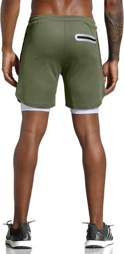 Vista 3 de Leidowei Pantalones cortos para correr 2 en 1 para hombre, ligeros, para entrenamiento, yoga, gimnasio, 7 pulgadas con bolsillos con cremallera