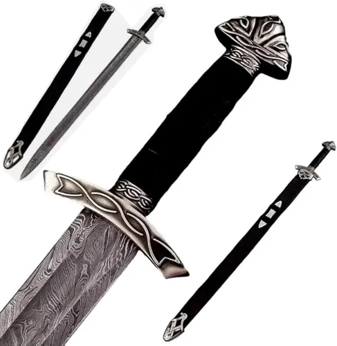 Vista 3 de Espada vikinga de acero de Damasco con vaina de cuero, espada coleccionable medieval del norte nórdico Espada larga LARP y cosplay hecha a mano