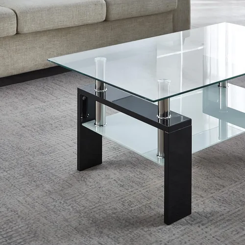 Vista 5 de Mesa auxiliar rectangular de vidrio, moderna mesa de centro transparente con estante inferior, patas de madera, mesa auxiliar auxiliar para sala