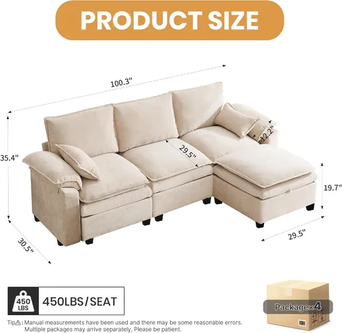 Vista 2 de Sofá Seccional Modular en Forma de L de 100", Sofá con Almacenamiento Otomano, Sofá Nube de Chenilla con Asientos Profundos y Mullidos para Sala
