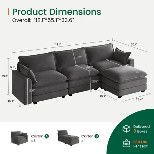 Vista 2 de Sofá de nube en forma de L de 118 pulgadas, sofá modular de gran tamaño con otomana móvil, cómodo sofá de felpilla de 4 plazas con asiento profundo