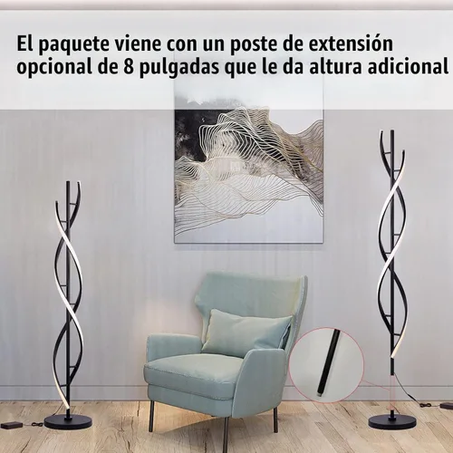 Vista 6 de Lámpara de Pie LED Espiral para Dormitorio, Lámparas de Pie Modernas con Control Remoto de 60 Pulgadas Regulable Lámpara de Pie Negra de 48W Lámpara