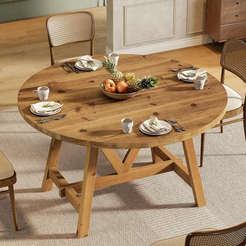 Vista 6 de Mesa de comedor de madera maciza de 47 pulgadas para 4-6, mesa de cocina redonda de granja con patas de madera resistentes, mesas de comedor