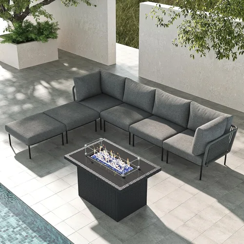 Vista 23 de LayinSun Juego de muebles de patio de aluminio de 7 piezas, sofá modular moderno con mesa auxiliar y cojín de grosor mejorado Gris claro