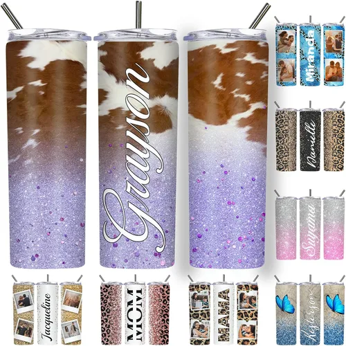 Vista 32 de Vaso delgado personalizado con purpurina con tapas y popotes, nombres, vasos de acero inoxidable personalizados con imagen para mujeres, hombres