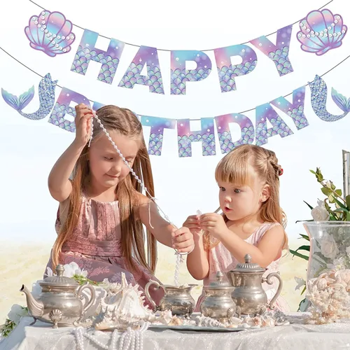 Vista 3 de Cartel de cumpleaños de sirena – Cartel de sirenas, decoración de cumpleaños de sirena para niñas, niños, niños, suministros de fiesta de sirenas