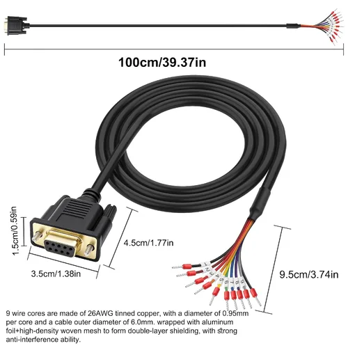 Vista 2 de MEIRIYFA DB9 hembra RS232 a 9 pines cable de extensión serie 26AWG