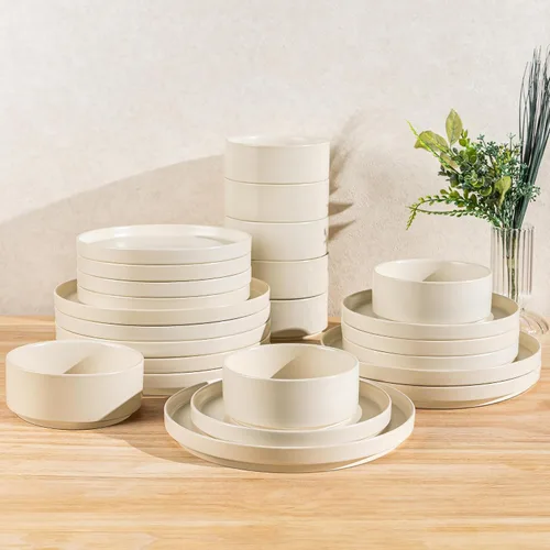 Vista 45 de TheTerra Juego de vajilla de cerámica para 4, juego de 12 platos y cuencos ligeros de porcelana, resistente a los arañazos, apto para horno