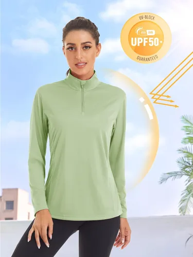 Vista 3 de TACVASEN Camisas de manga larga con protección solar UPF 50+ para mujer, con cremallera de 14, ligera, de secado rápido