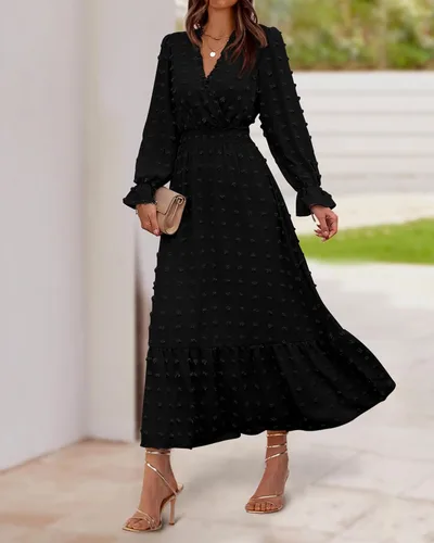 Vista 8 de BTFBM Vestidos de otoño 2023 para mujer, manga larga, cuello en V, lunares suizos, vestido largo bohemio, vestido largo de cintura alta, vestido